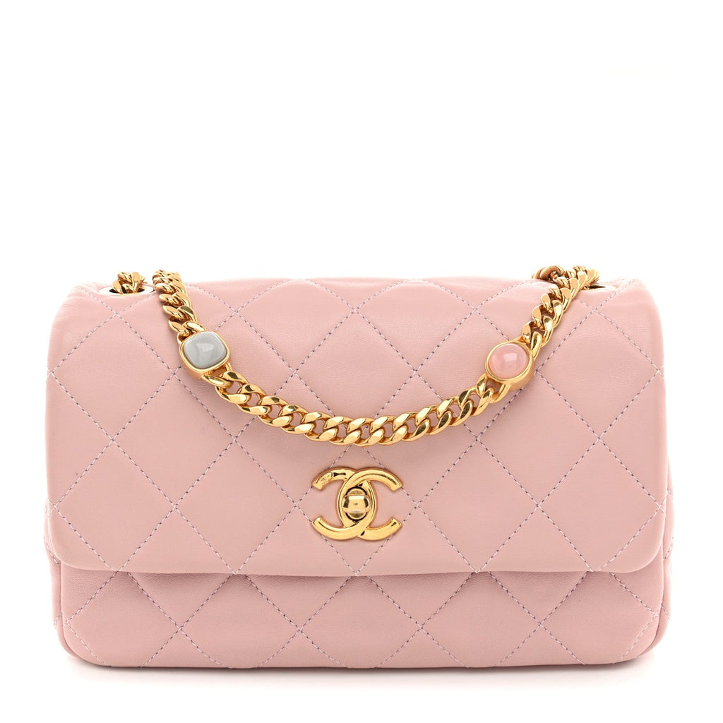 Lambskin Resin Pearl Quilted Small Flap Pink
