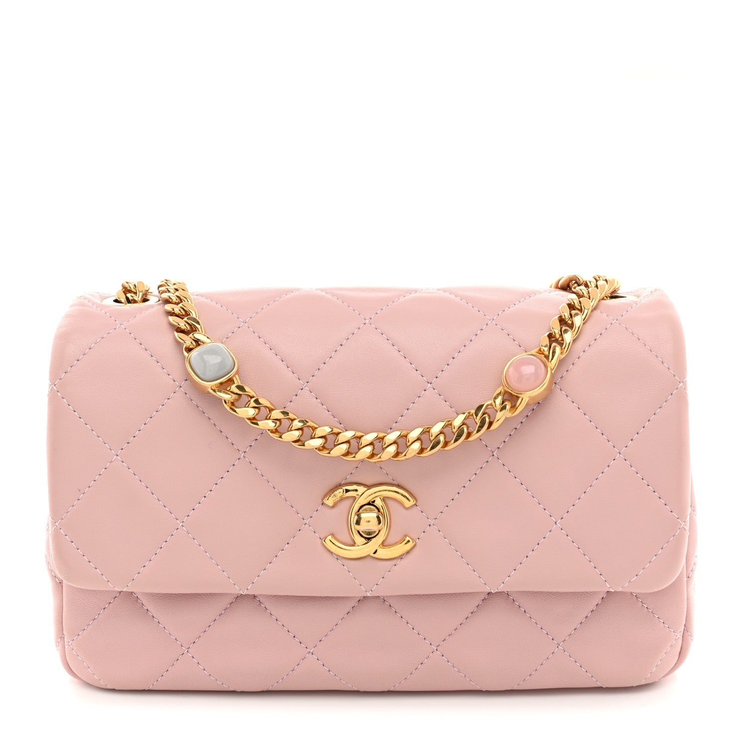 Lambskin Resin Pearl Quilted Small Flap Pink