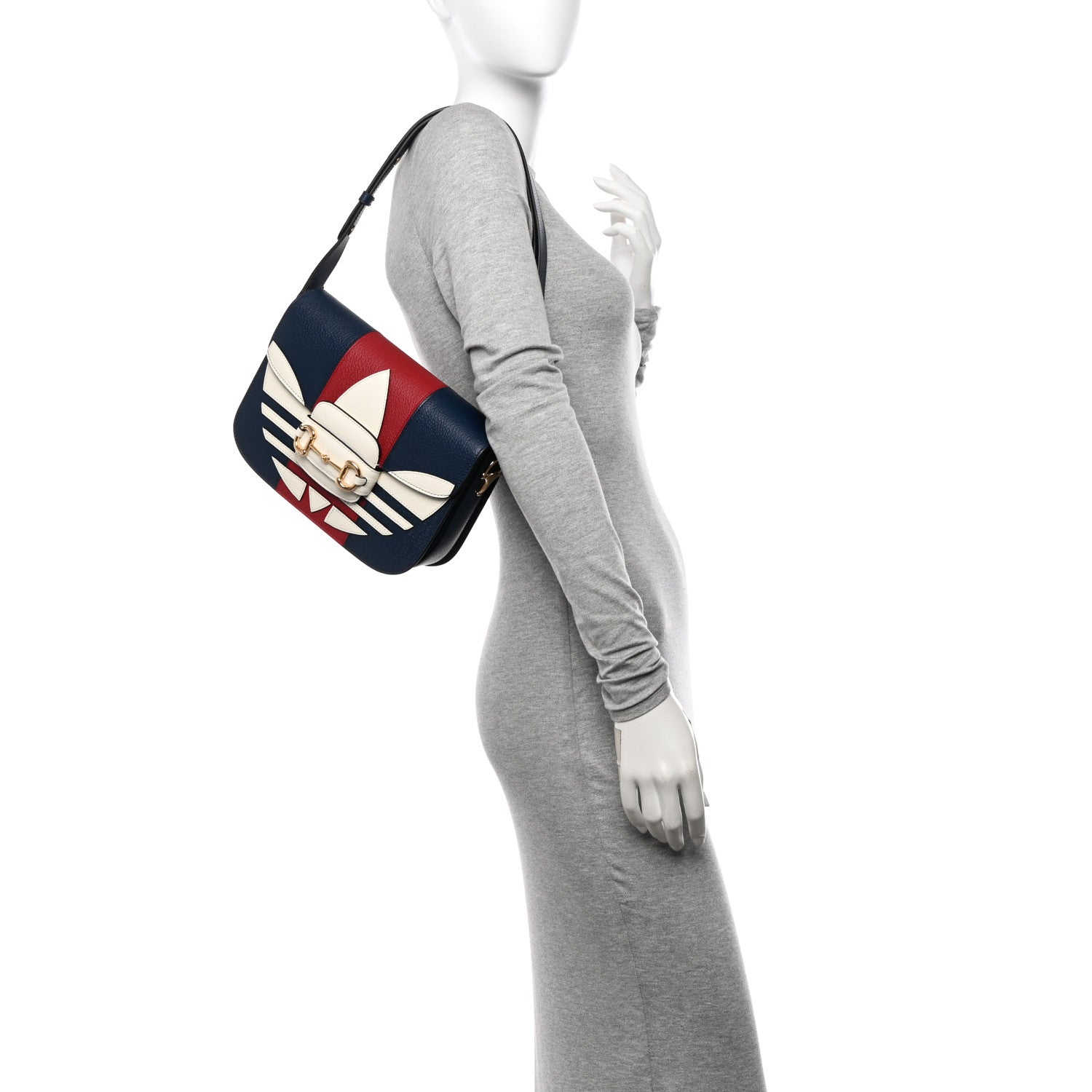 X ADIDAS Textured Dollar Calfskin Web Trefoil Mini Horsebit 1955 Shoulder Bag Navy Blue Red