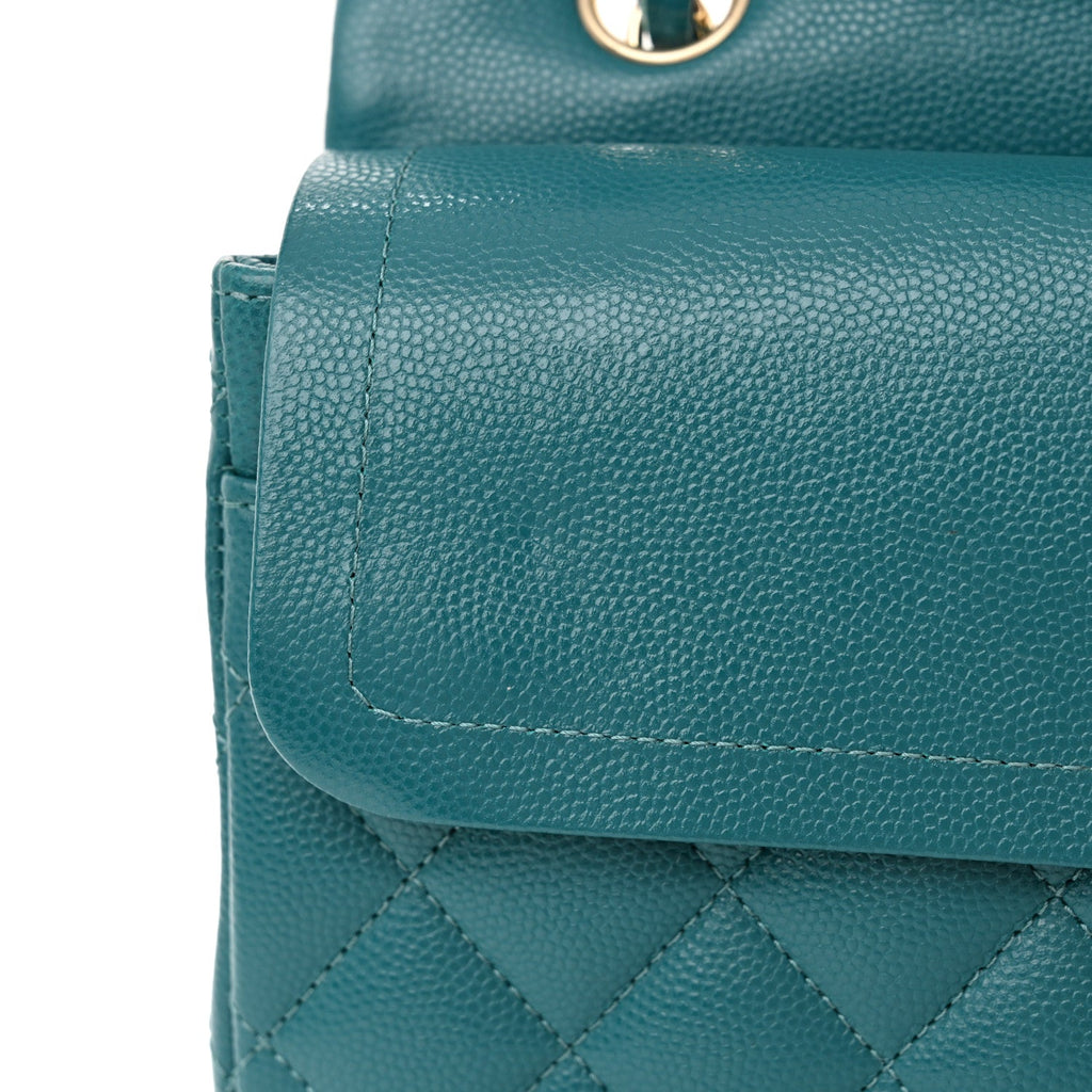 Caviar Quilted Small Double Flap Turquoise