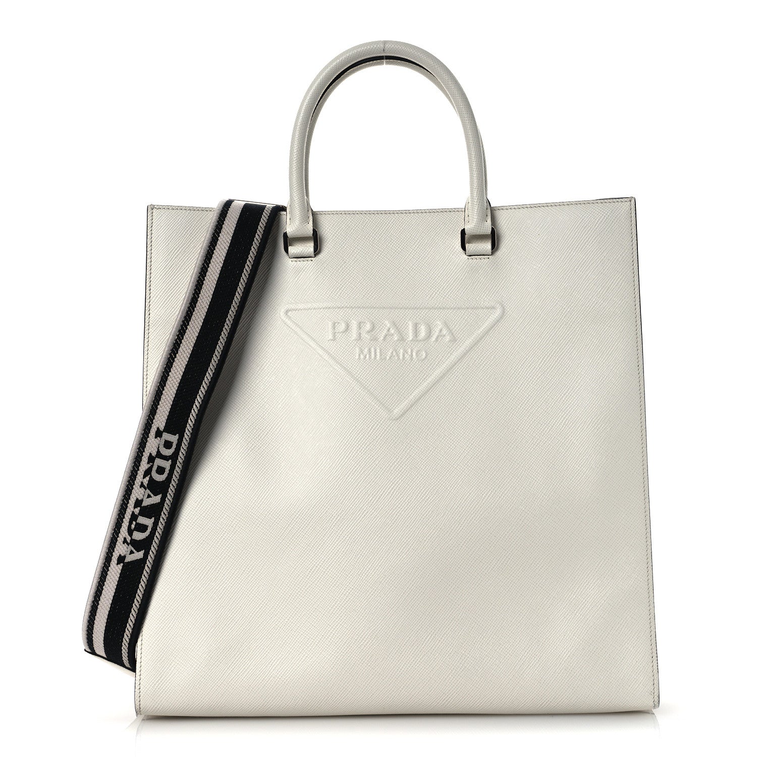 Saffiano Cuir Triangle Logo Embossed Vertical Tote White