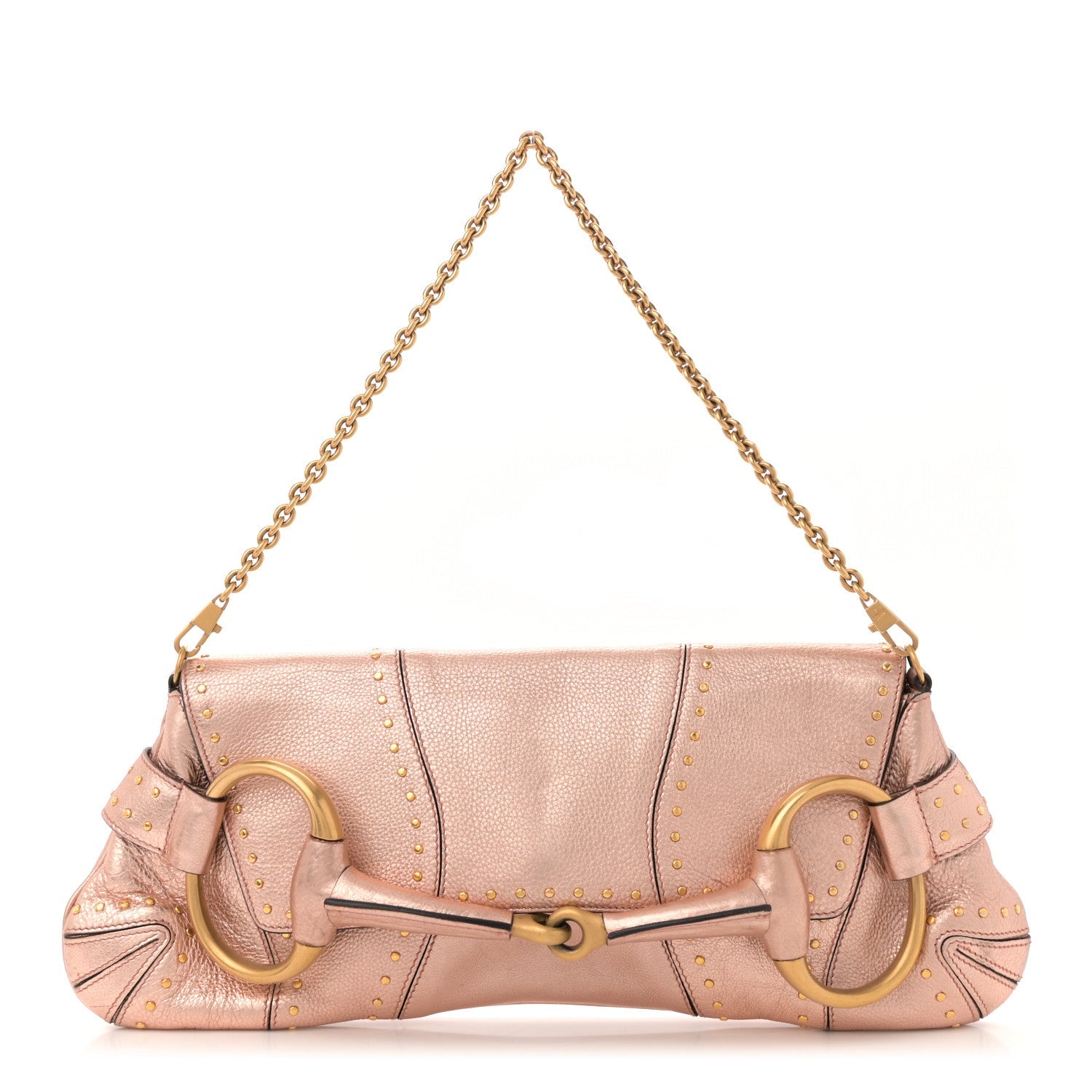 Metallic Calfskin Studded Horsebit Clutch Bag Pink