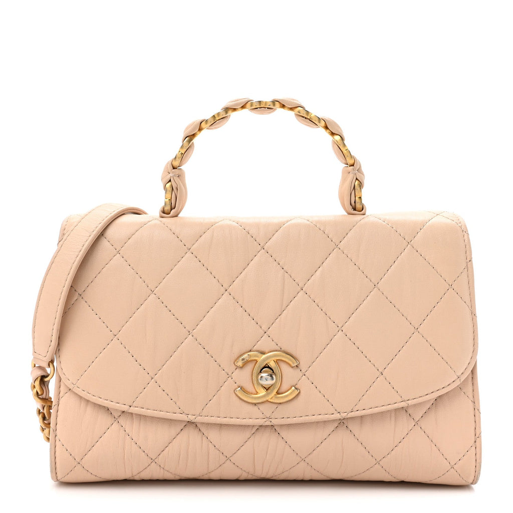 Crumpled Lambskin Quilted Small CC Links Top Handle Flap Beige