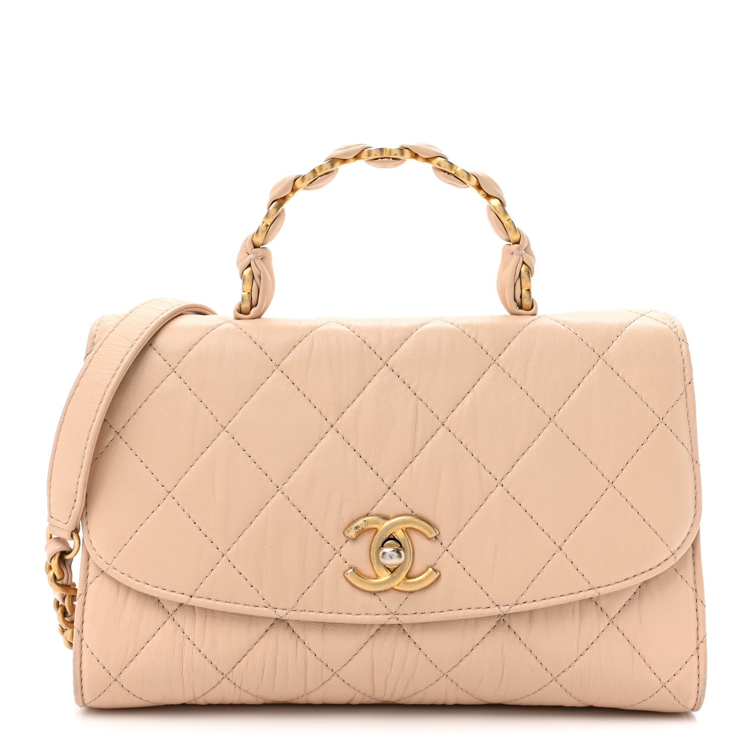 Crumpled Lambskin Quilted Small CC Links Top Handle Flap Beige