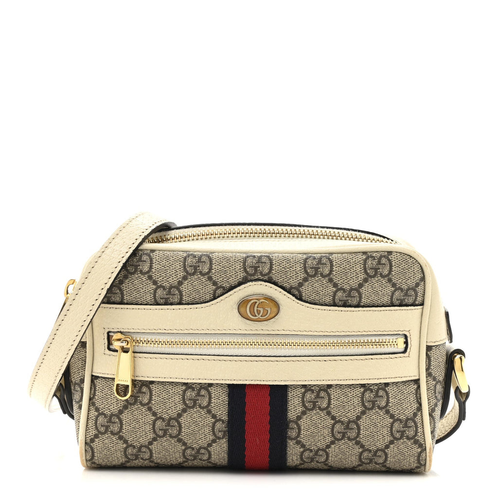 GG Supreme Monogram Textured Calfskin Web Mini Ophidia Shoulder Bag Beige Ebony Mystic White