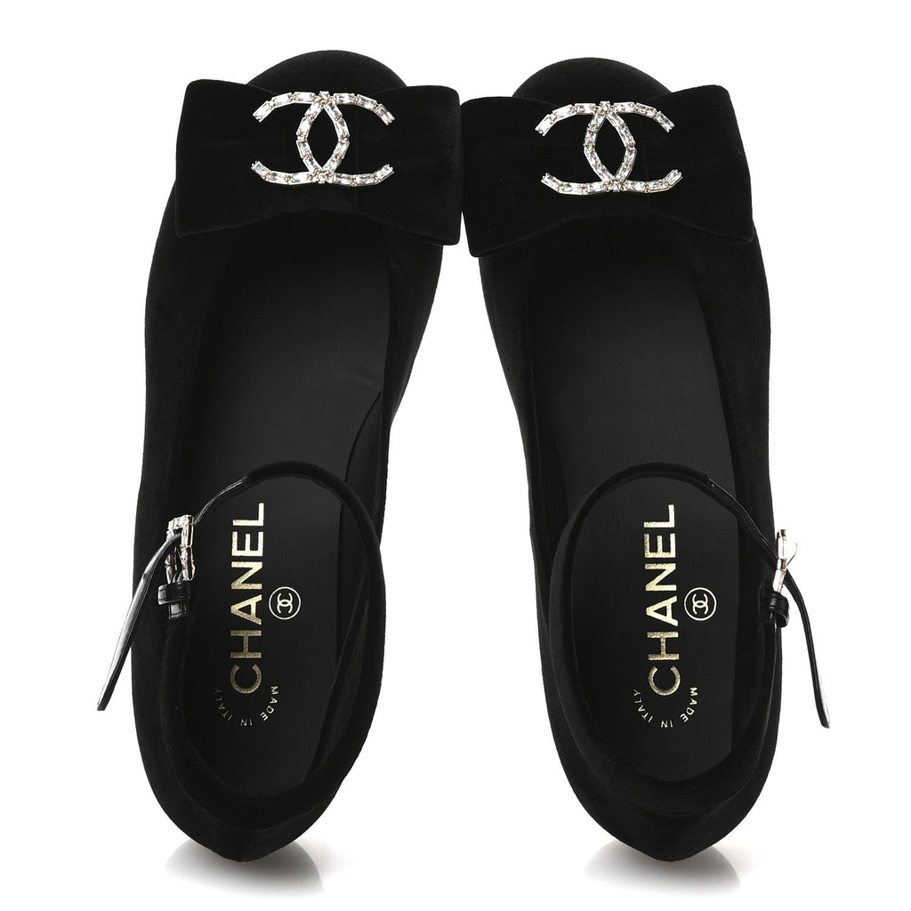 Velvet Strass CC Bow Mary Jane Flats 35.5 Black