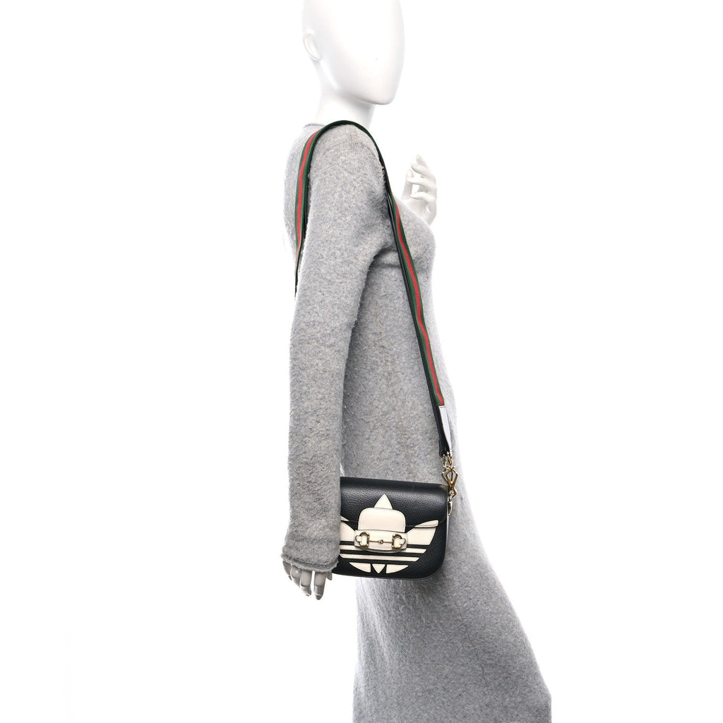 X ADIDAS Textured Dollar Calfskin Web Trefoil Mini Horsebit 1955 Shoulder Bag Black Off White