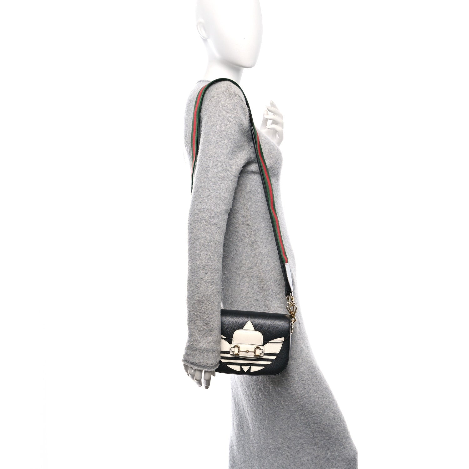 X ADIDAS Textured Dollar Calfskin Web Trefoil Mini Horsebit 1955 Shoulder Bag Black Off White