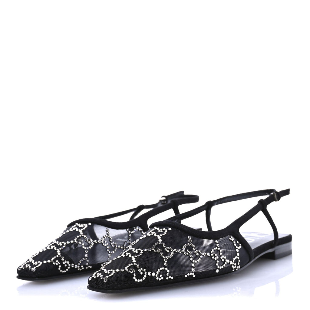 Tela Retino Kid Scamosciato Crystal GG Monogram Square Demi Ballet Flats 37.5 Black