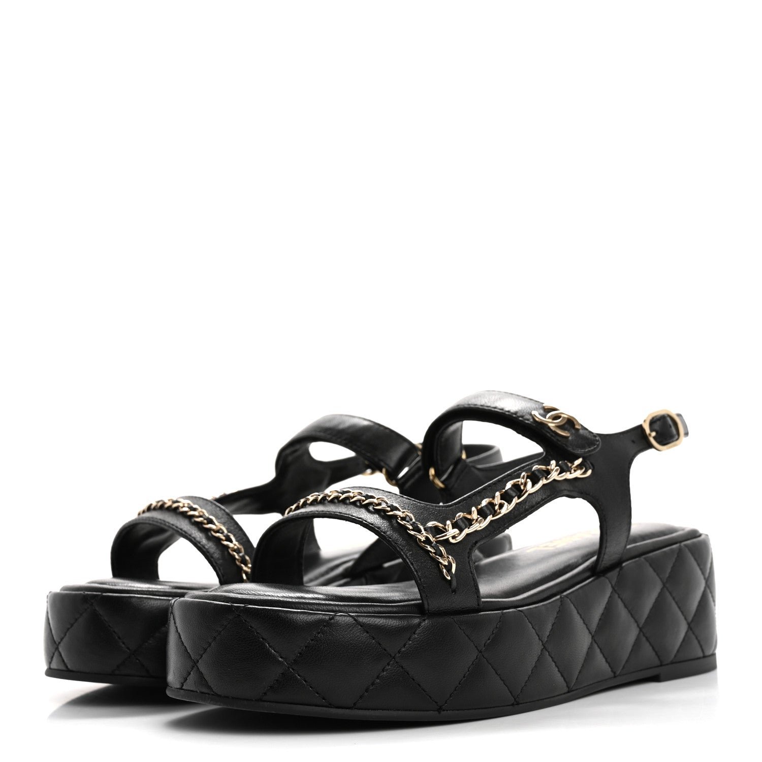 Lambskin Quilted Chain CC Platform Sandals 37.5 Black