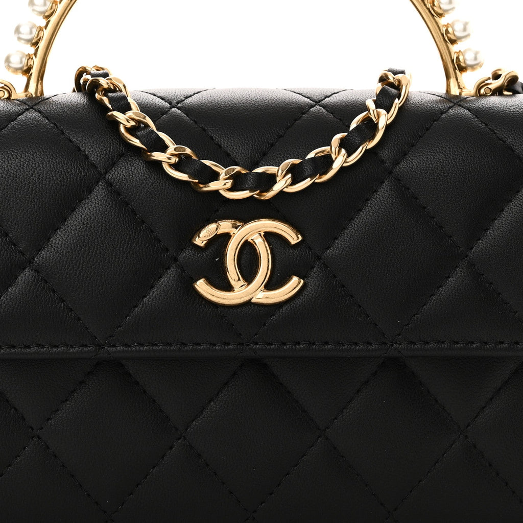 Lambskin Pearl Crystal Quilted Pearly Girl Handle Flap Phone Holder With Chain Black