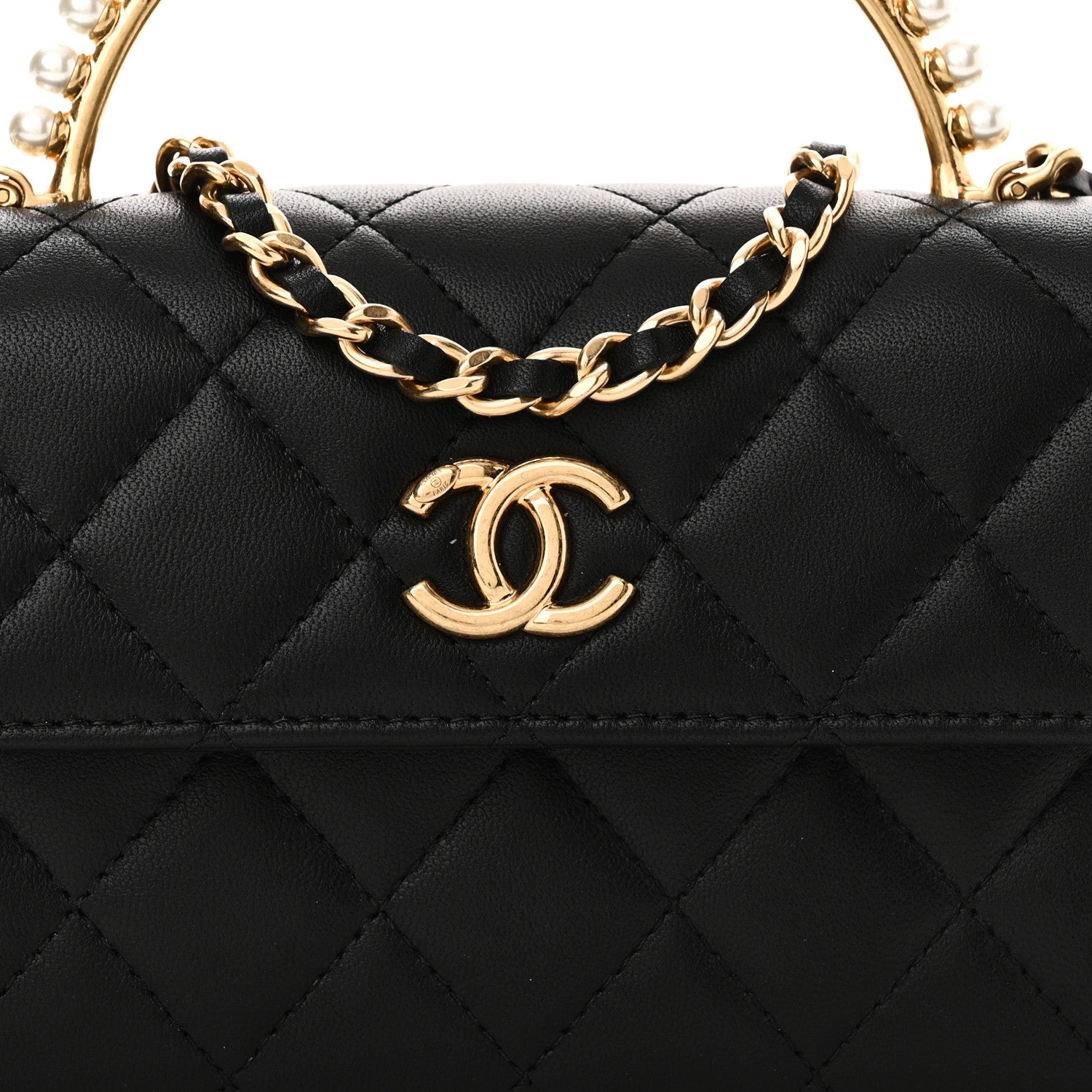 Lambskin Pearl Crystal Quilted Pearly Girl Handle Flap Phone Holder With Chain Black
