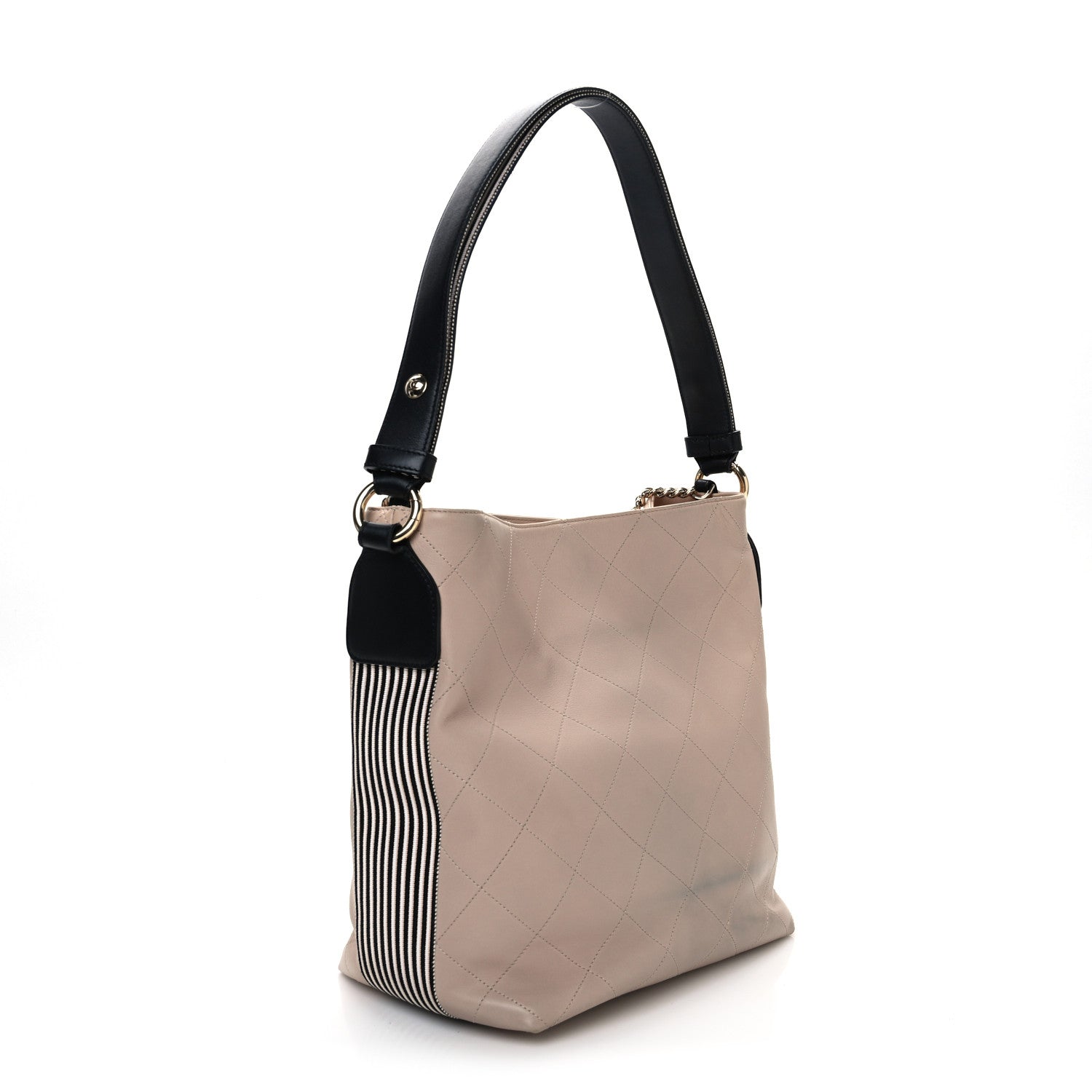 Calfskin Stitched Large Stripe Hobo Beige Black