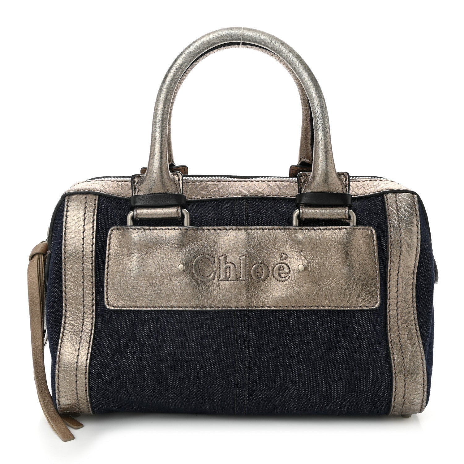 Metallic Calfskin Top Handle Bag Blue Silver