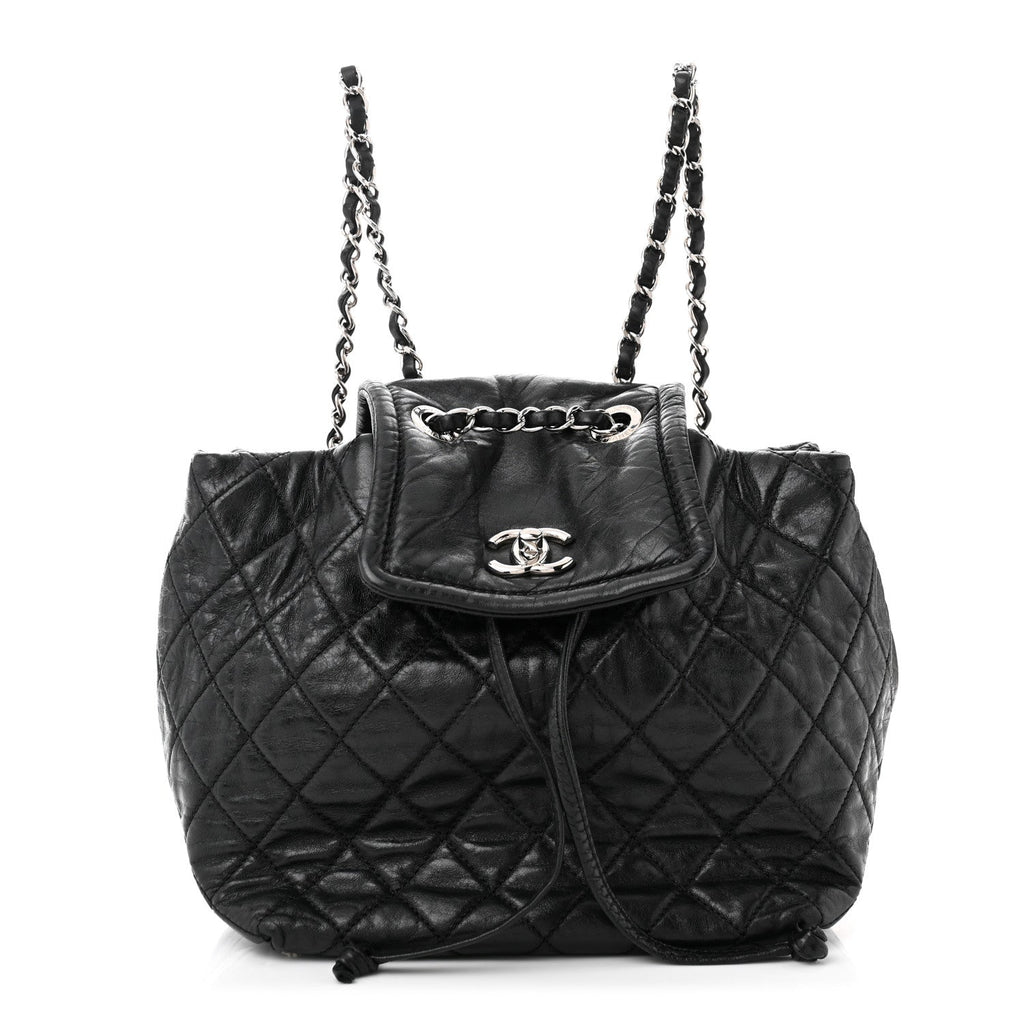 Glazed Calfskin Quilted Beijing Backpack Black