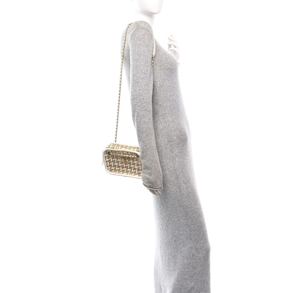 Metallic Lambskin Viscose Woven Small Camera Case White Gold