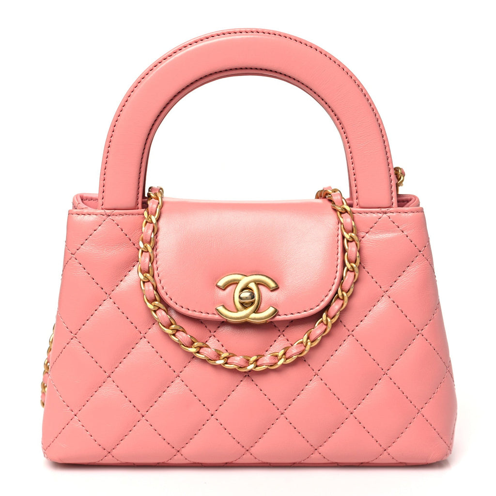 Shiny Aged Calfskin Quilted Nano Kelly Shopper Coral Pink