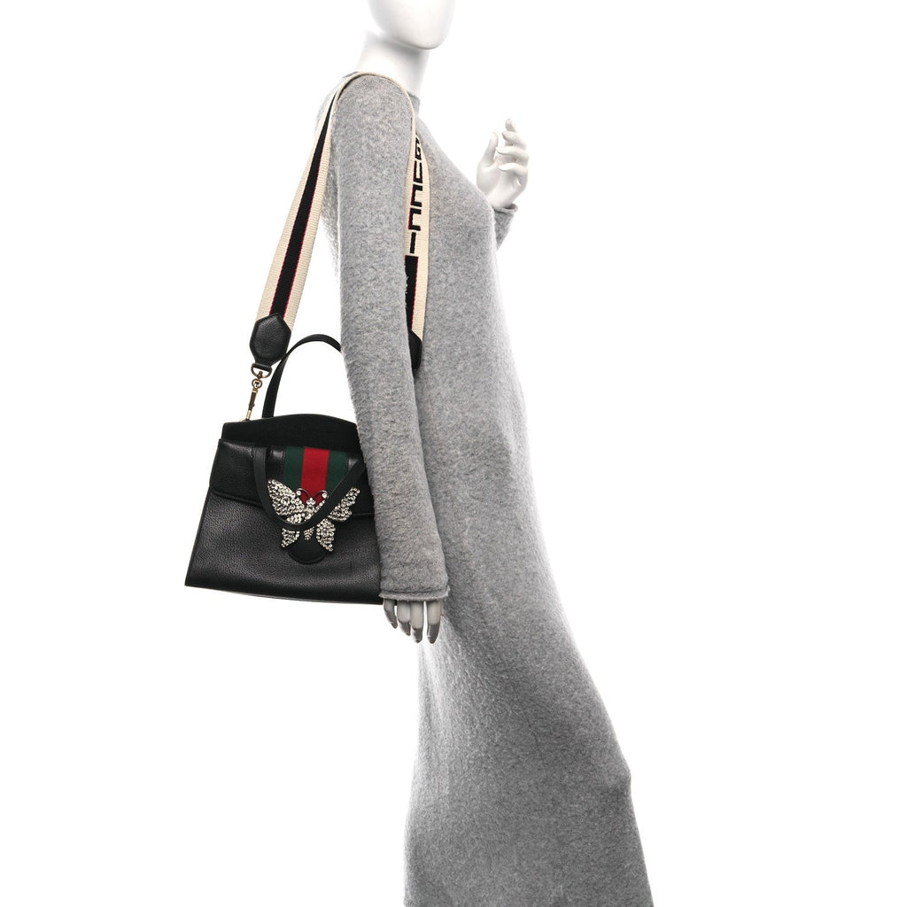 Grained Calfskin Web Crystal Butterfly Stripe Medium Totem Top Handle Bag Black