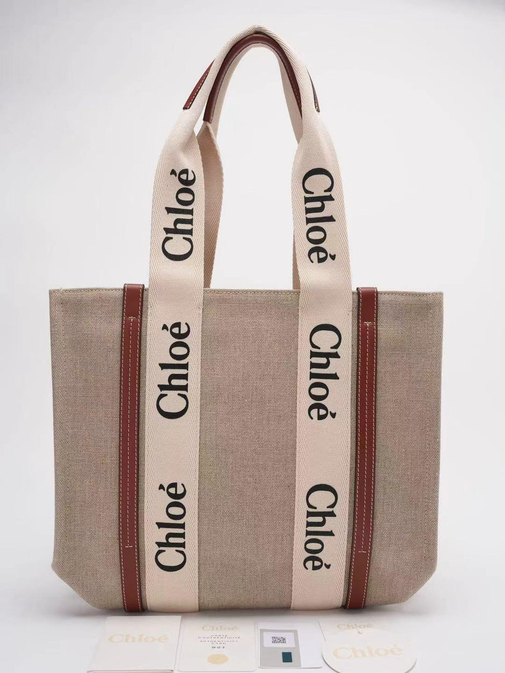 Chloe White and Beige Medium Woody Tote Bag Leinen