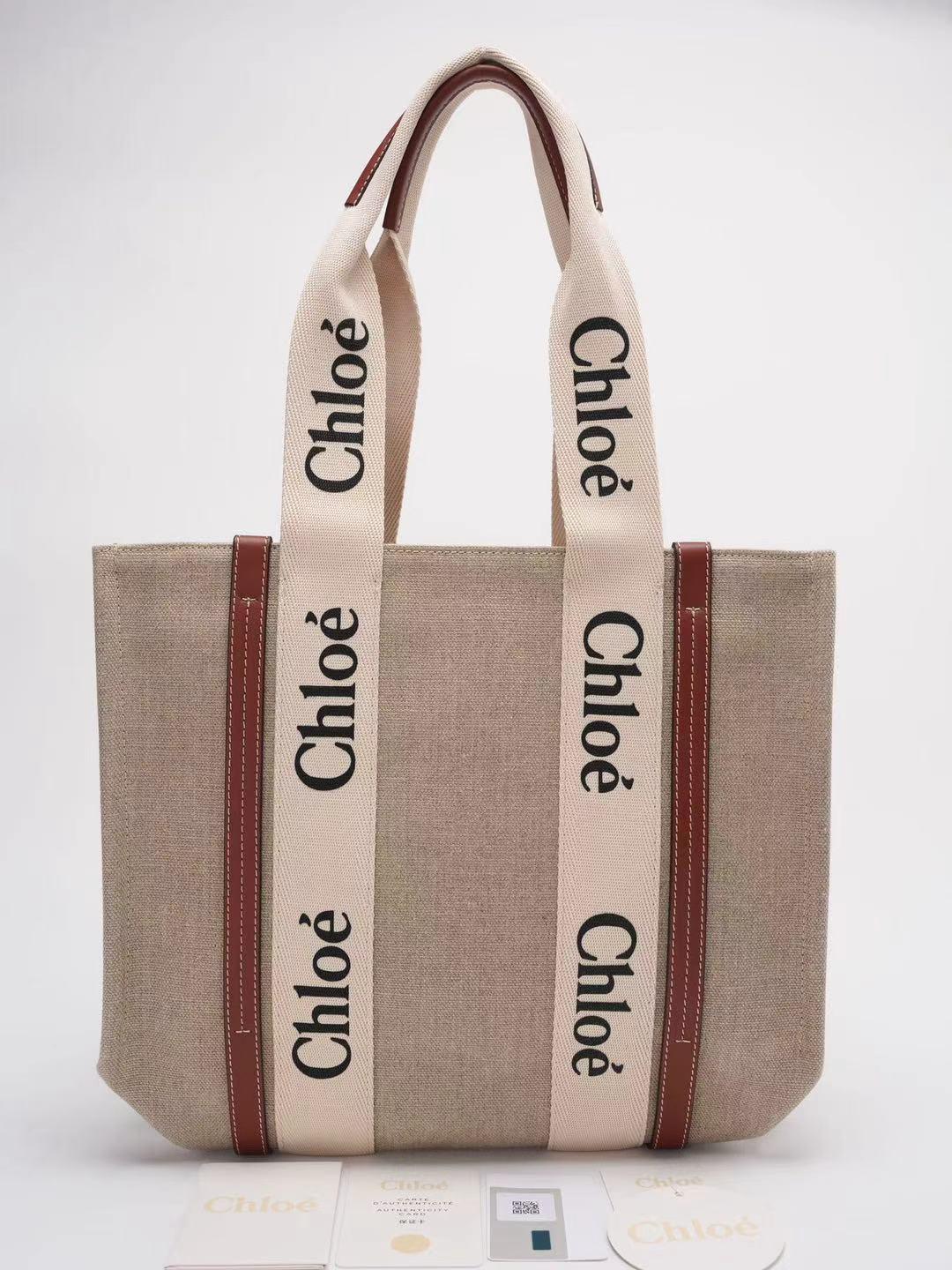 Chloe White and Beige Medium Woody Tote Bag Leinen