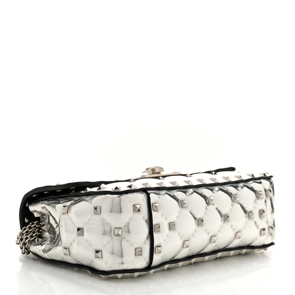 Metallic Patent Quilted Small Rockstud Spike Shoulder Bag Silver