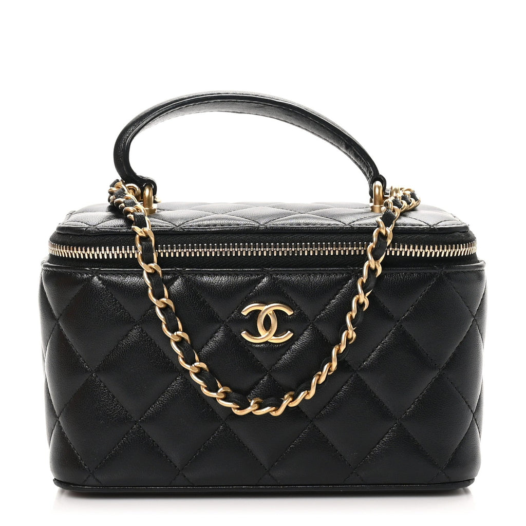 Lambskin Quilted Small Top Handle Vanity Case With Chain Black