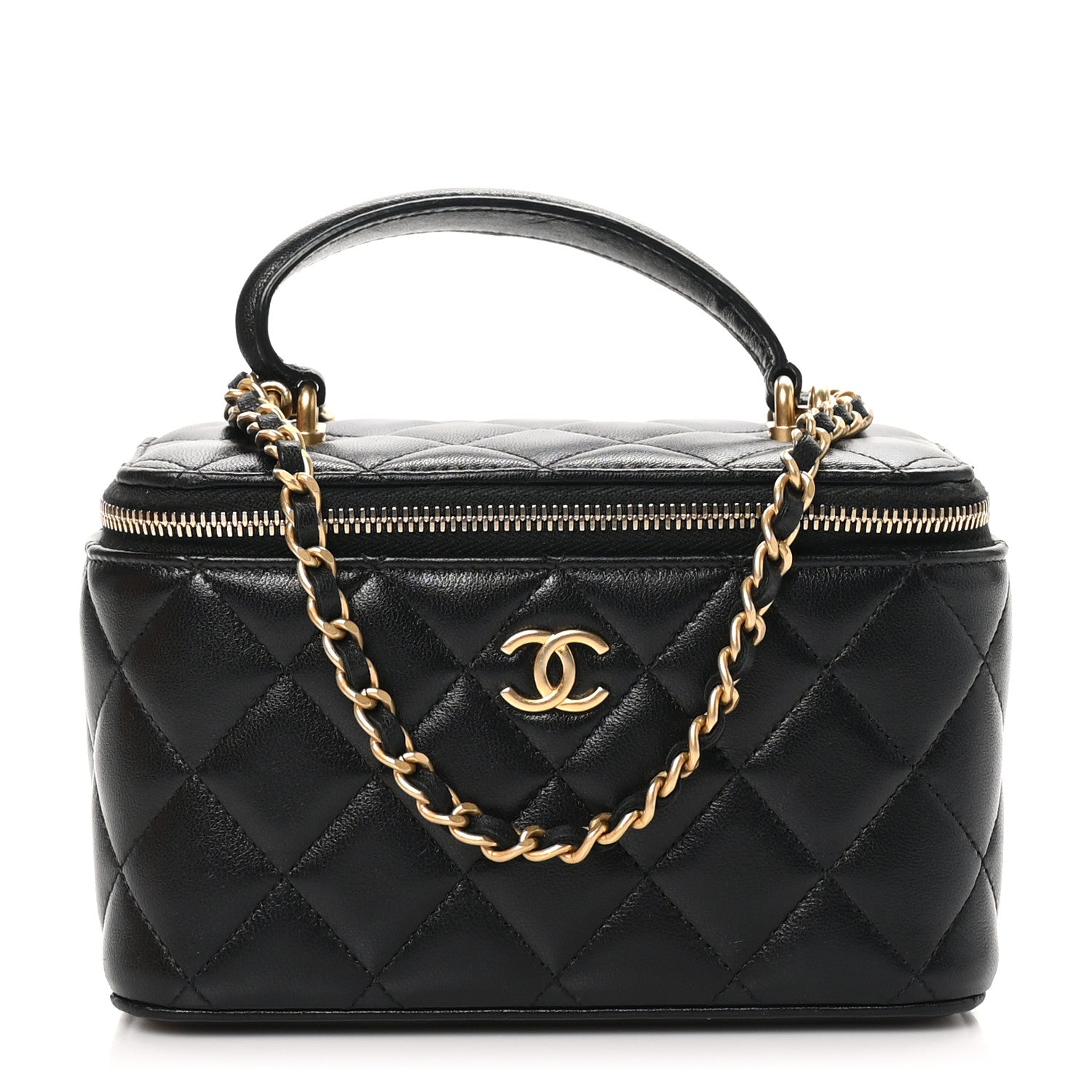Lambskin Quilted Small Top Handle Vanity Case With Chain Black