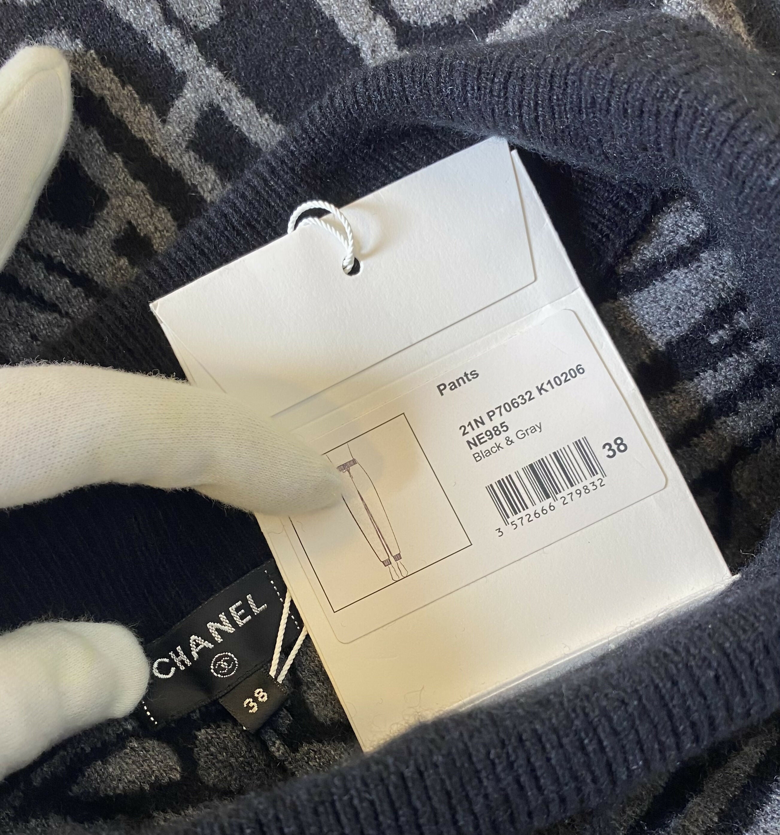 NWT Chanel Logo 21N Coco Neige Black Grey Cashmere Bottoms Lounge Pants FR 38