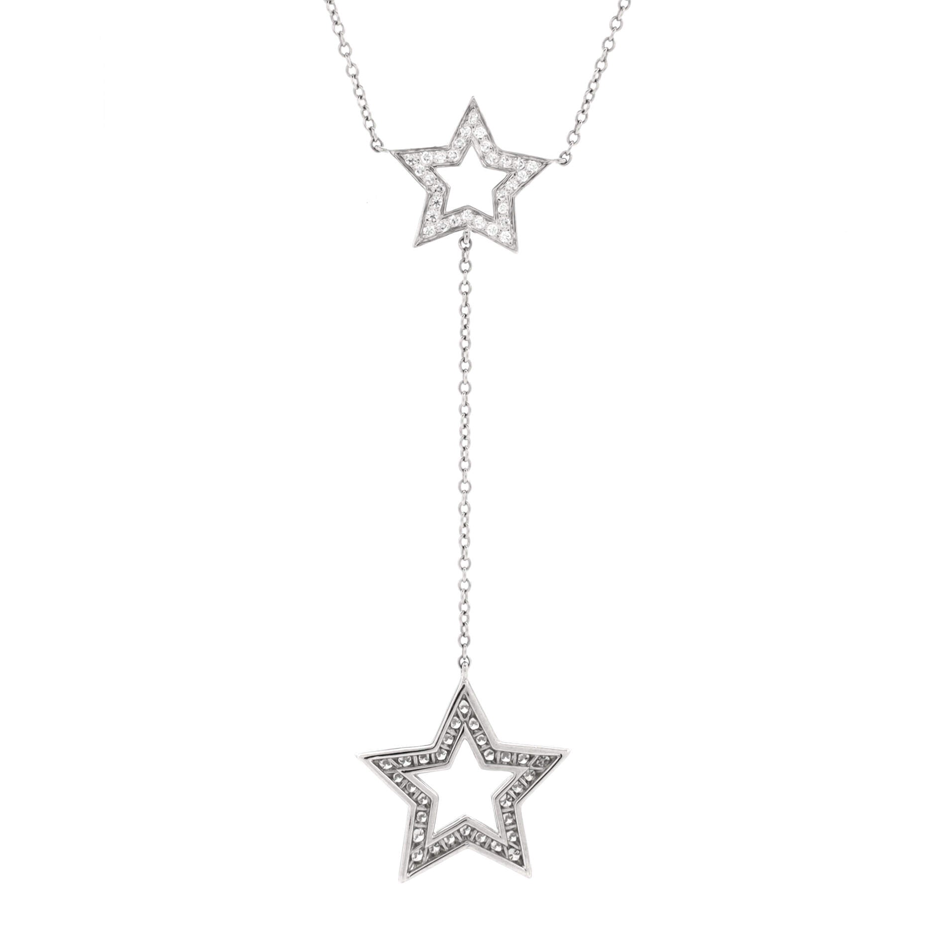Double Star Drop Pendant Necklace Platinum and Diamonds