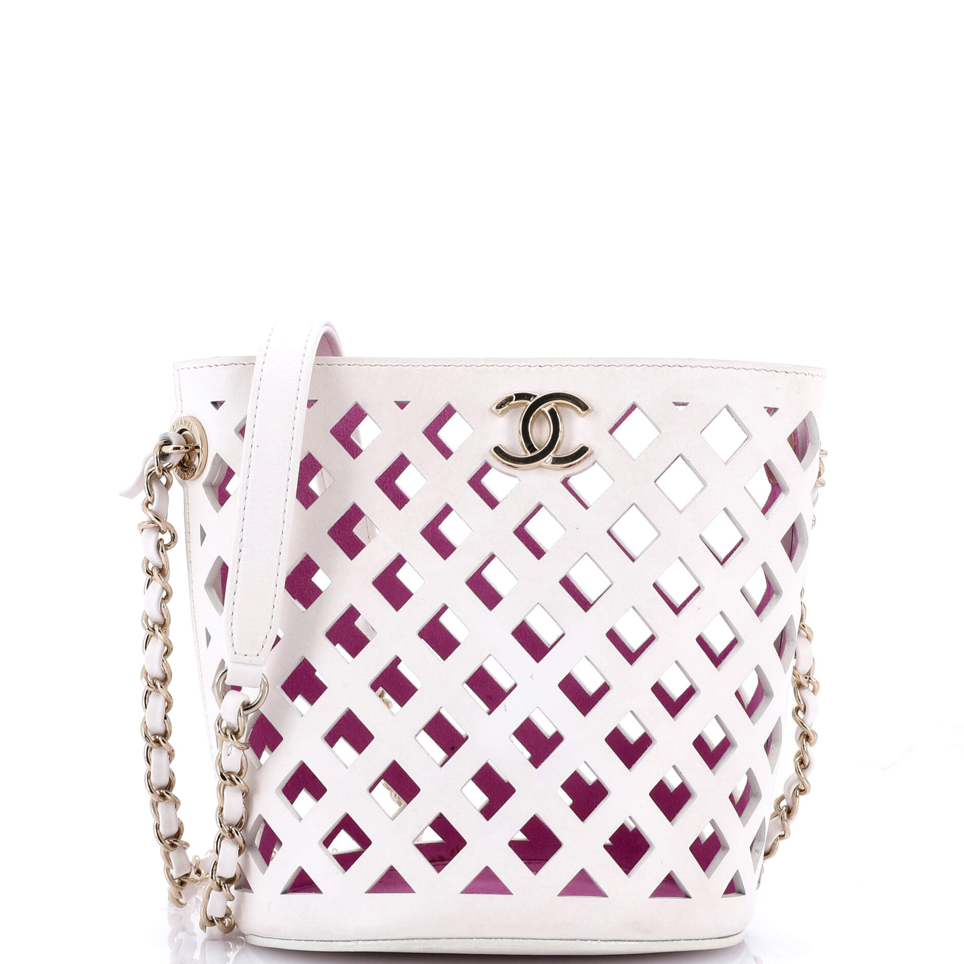 See Through Drawstring Bucket Bag Perforated Leather with Quilted Printed Canvas Small