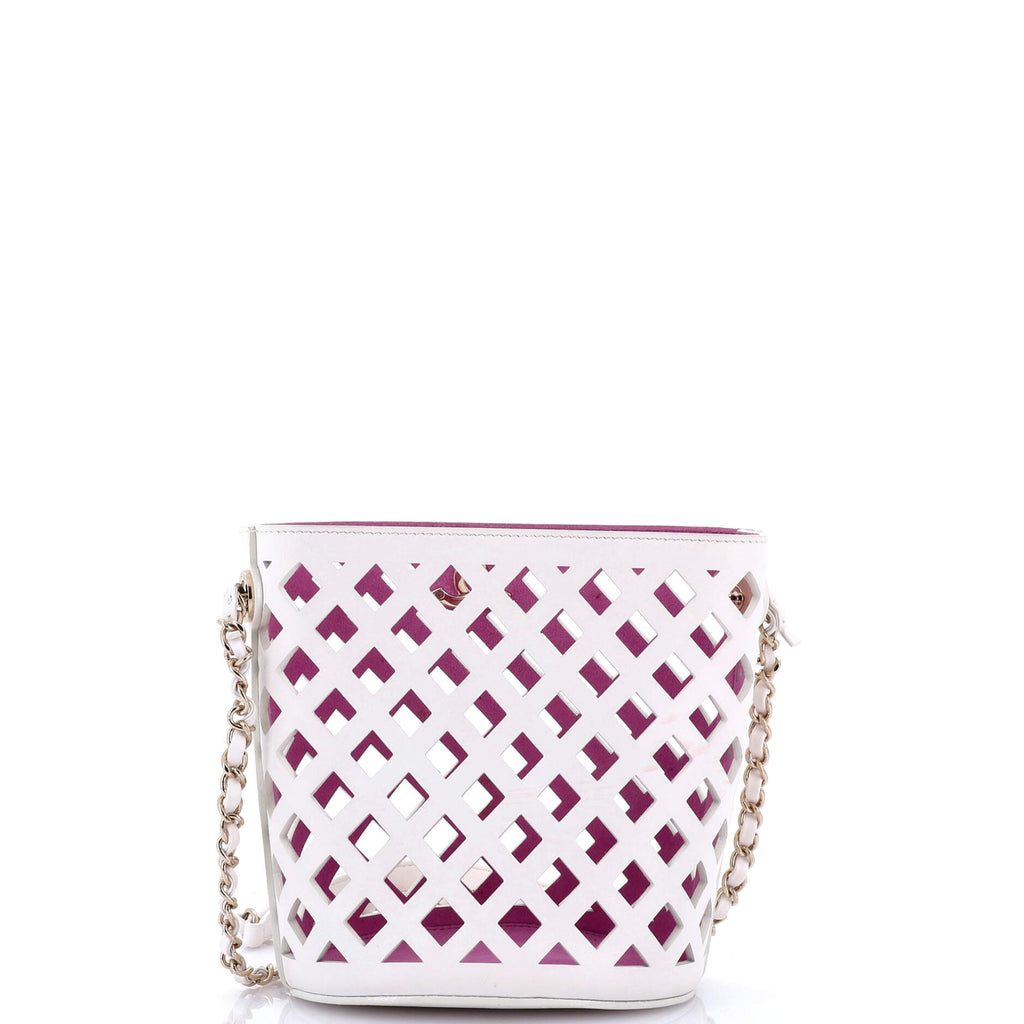 See Through Drawstring Bucket Bag Perforated Leather with Quilted Printed Canvas Small
