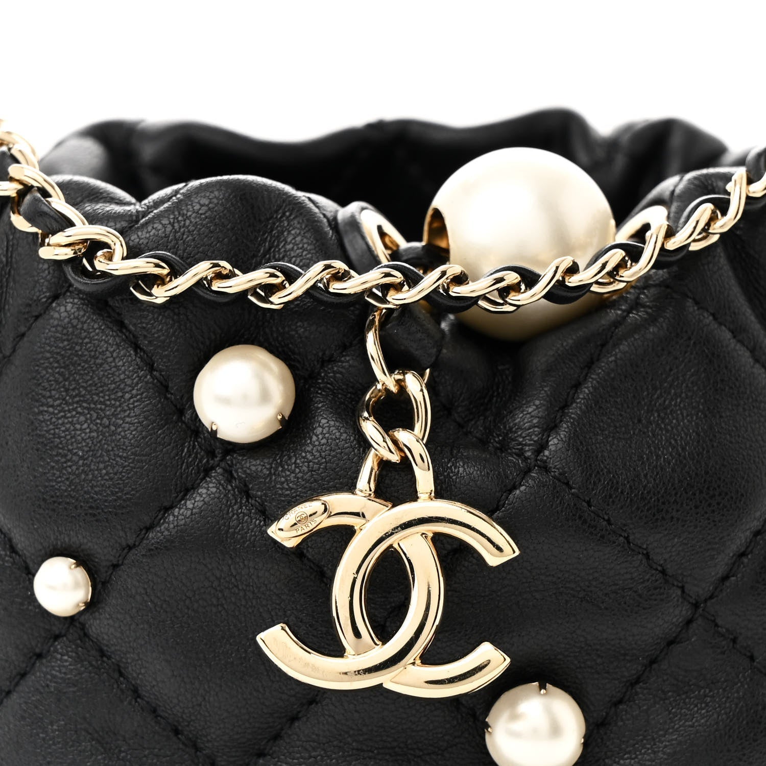 Lambskin Quilted Pearl Mini About Pearls Drawstring Bag Black