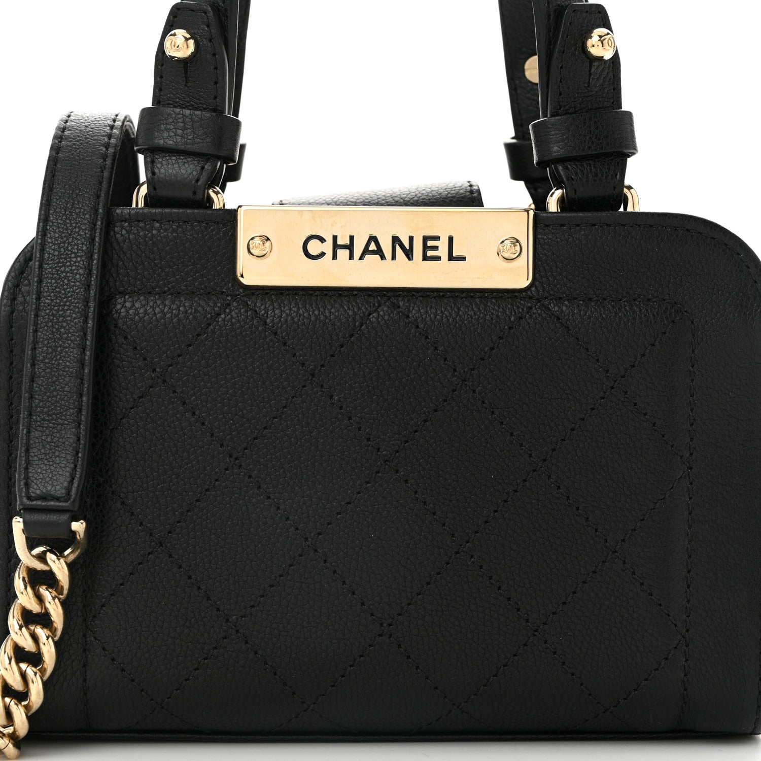 Grained Calfskin Stitched Mini Label  Shopper Tote Black
