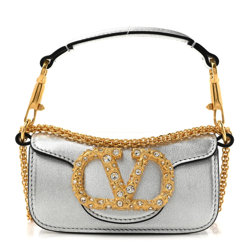 Laminated Calfskin Crystal Vlogo Micro Loco Shoulder Bag Silver Crystal
