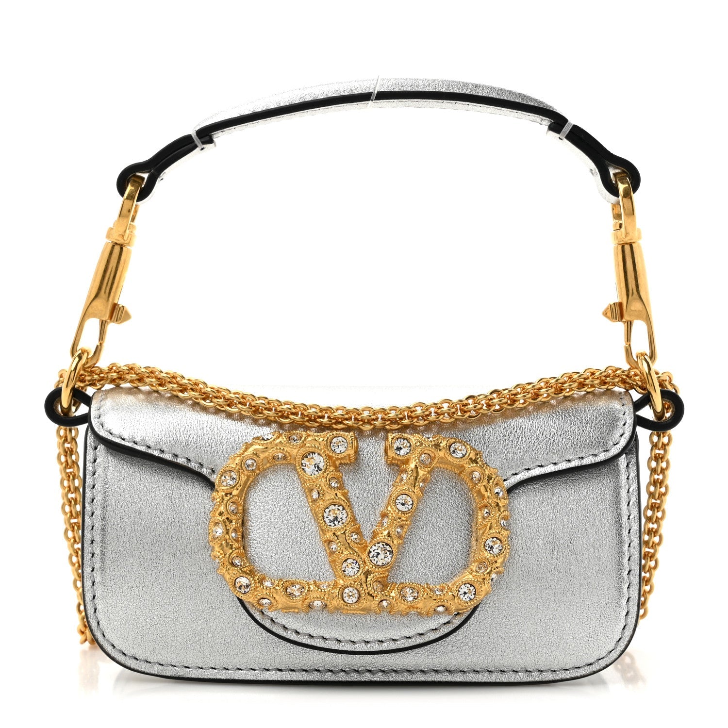 Laminated Calfskin Crystal Vlogo Micro Loco Shoulder Bag Silver Crystal