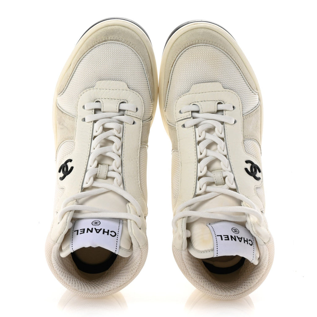 Suede Fabric Grained Calfskin Womens CC High Top Sneakers 38.5 White
