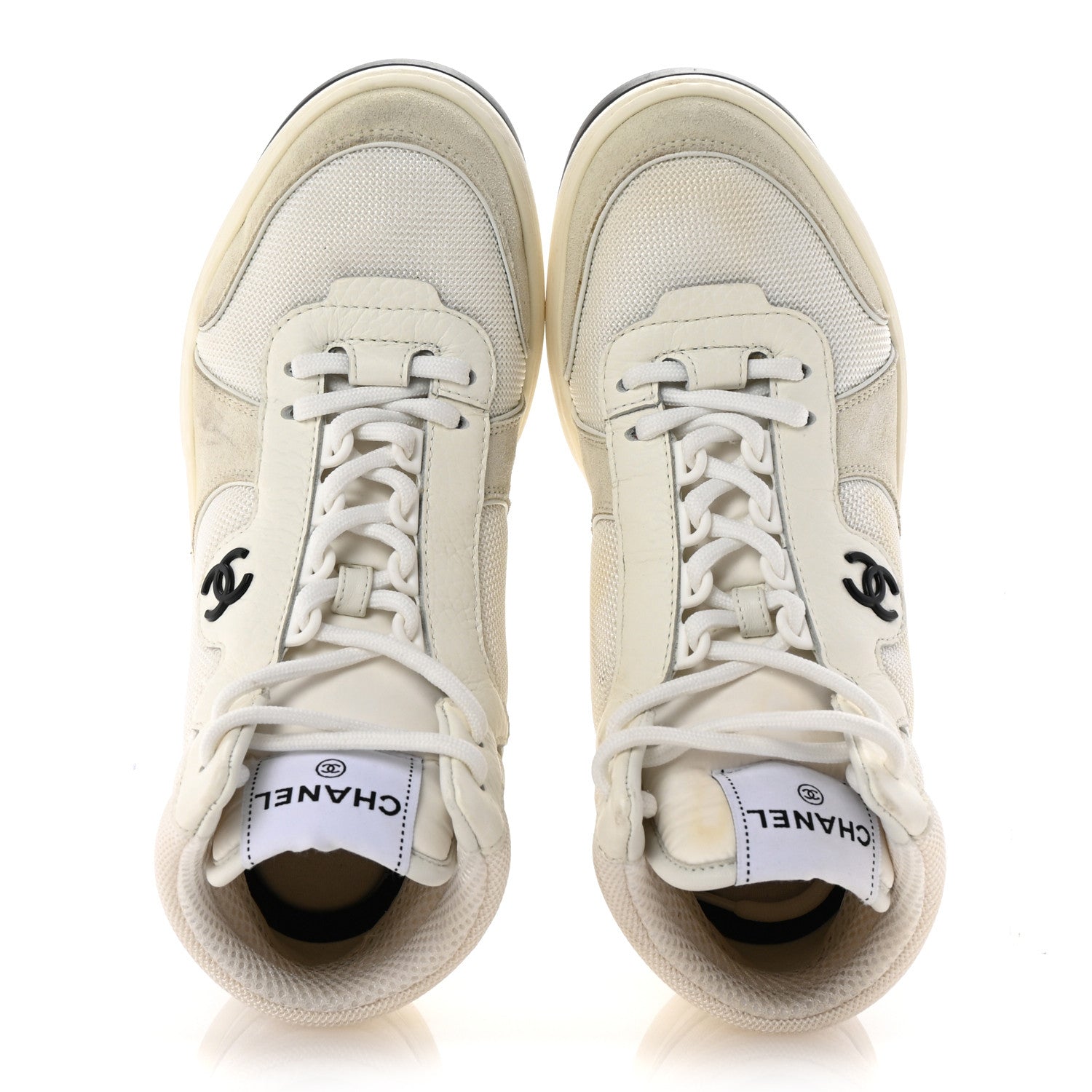 Suede Fabric Grained Calfskin Womens CC High Top Sneakers 38.5 White