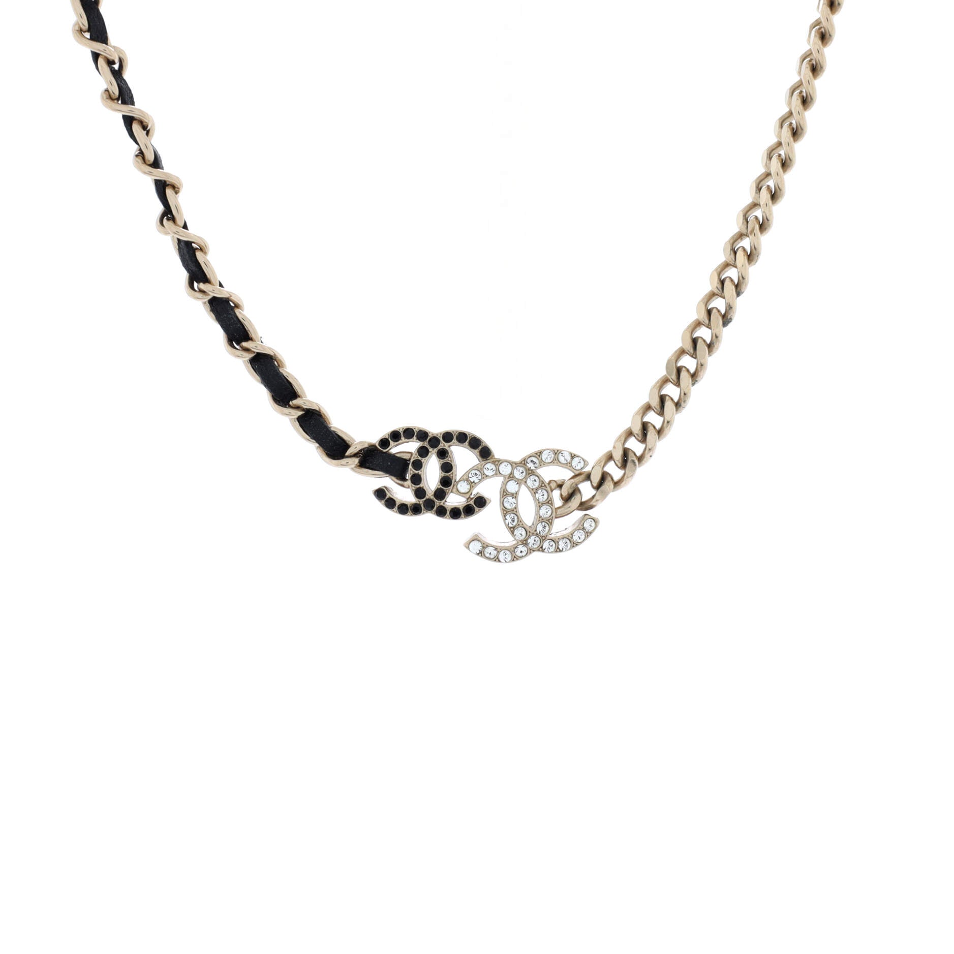 Double CC Chain Choker Necklace Metal with Leather and Crystals