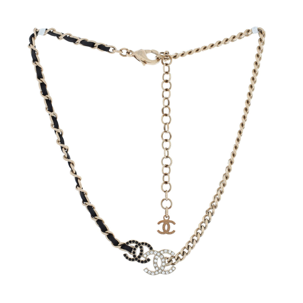 Double CC Chain Choker Necklace Metal with Leather and Crystals