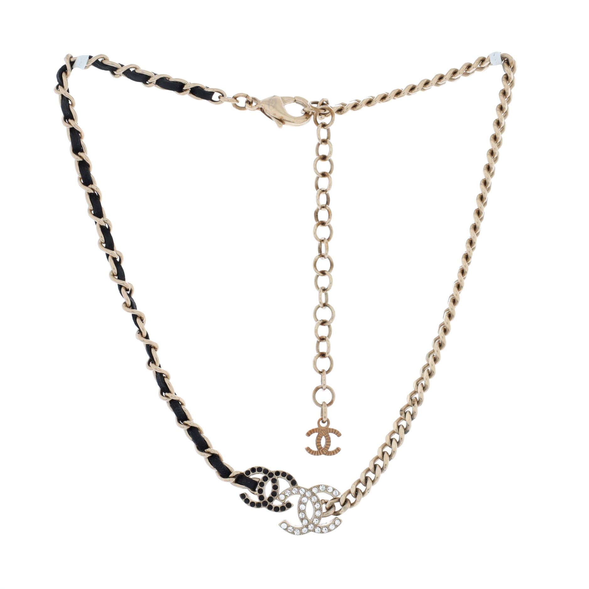 Double CC Chain Choker Necklace Metal with Leather and Crystals