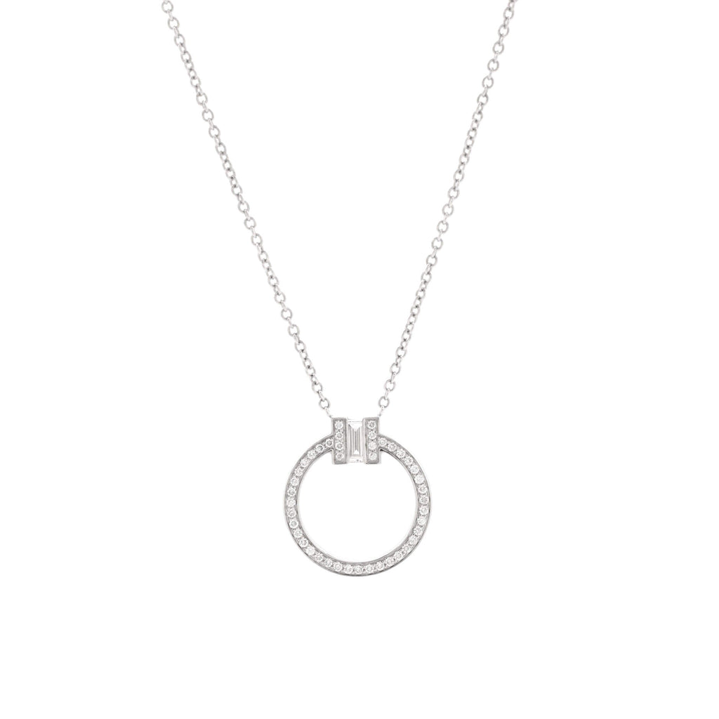 T Circle Pendant Necklace 18K White Gold with Diamonds and Center Baguette Diamond Small