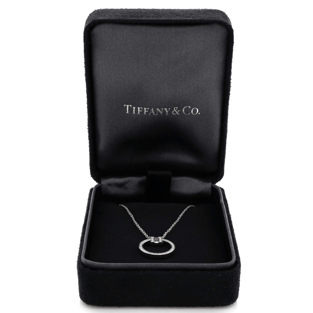 T Circle Pendant Necklace 18K White Gold with Diamonds and Center Baguette Diamond Small