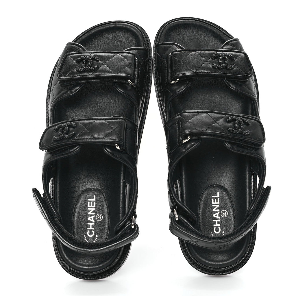 Lambskin Quilted Velcro Dad Sandals 37.5 So Black