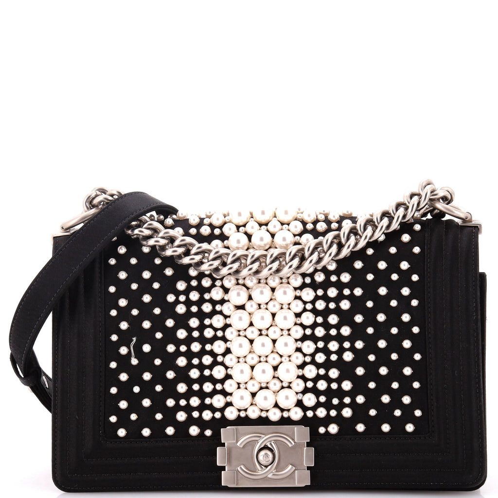 Boy Flap Bag Pearl Embellished Satin Old Medium