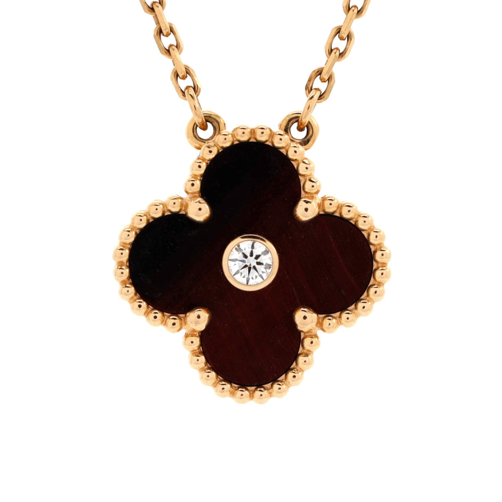 Vintage Alhambra Pendant Necklace 18K Rose Gold and Tiger Eye with Diamond