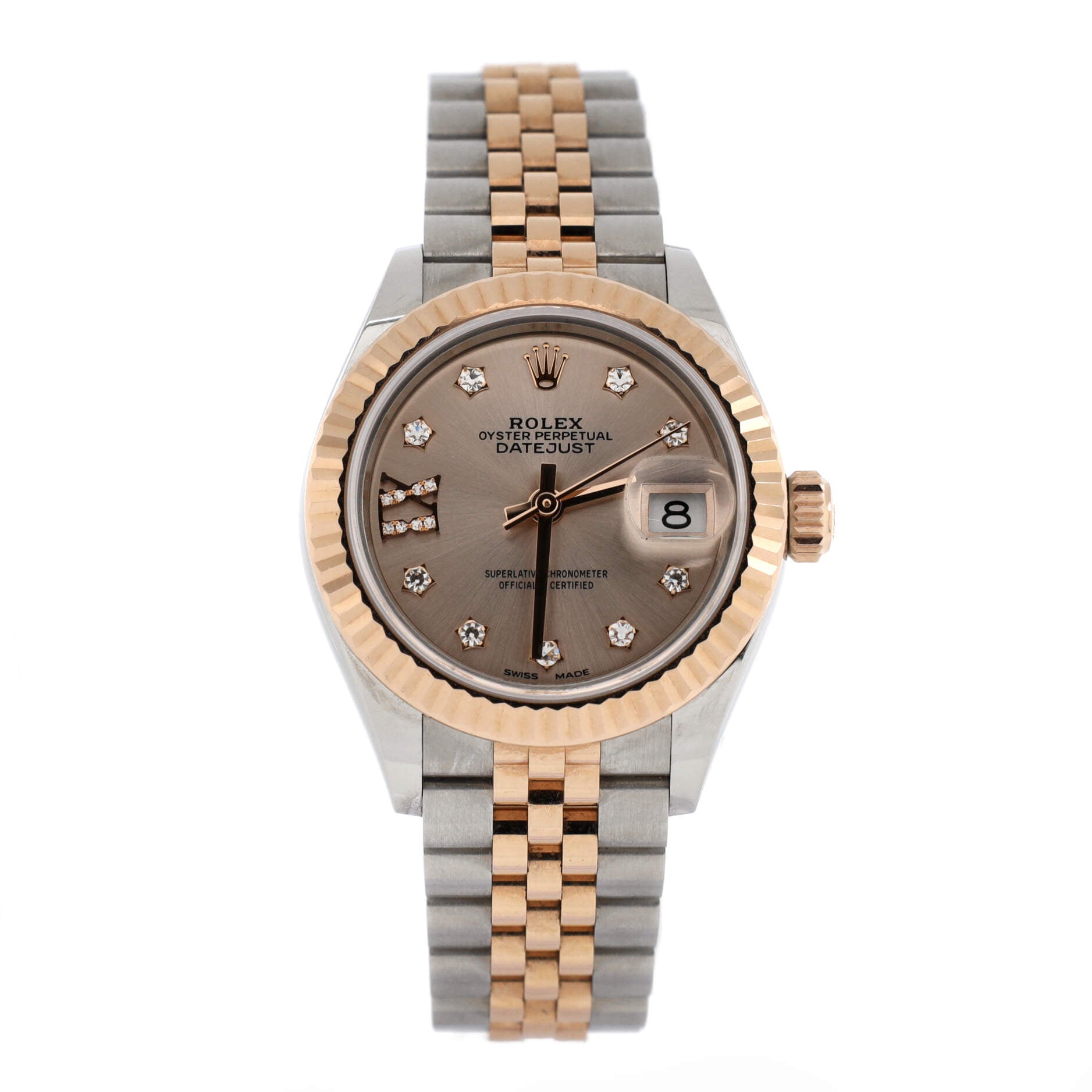 Oyster Perpetual Datejust Automatic Watch Stainless Steel and Rose Gold with Diamond Markers and IX Numeral 28