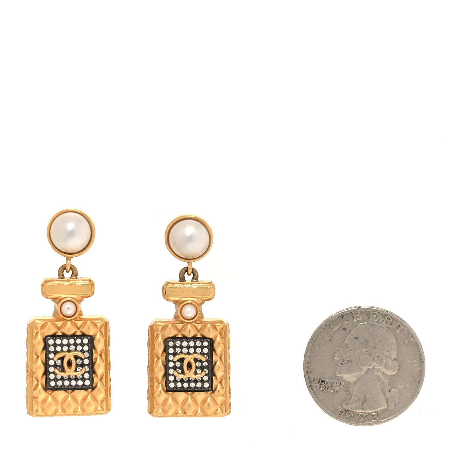 Crystal Pearl CC Perfume Bottle Drop Earrings Gold