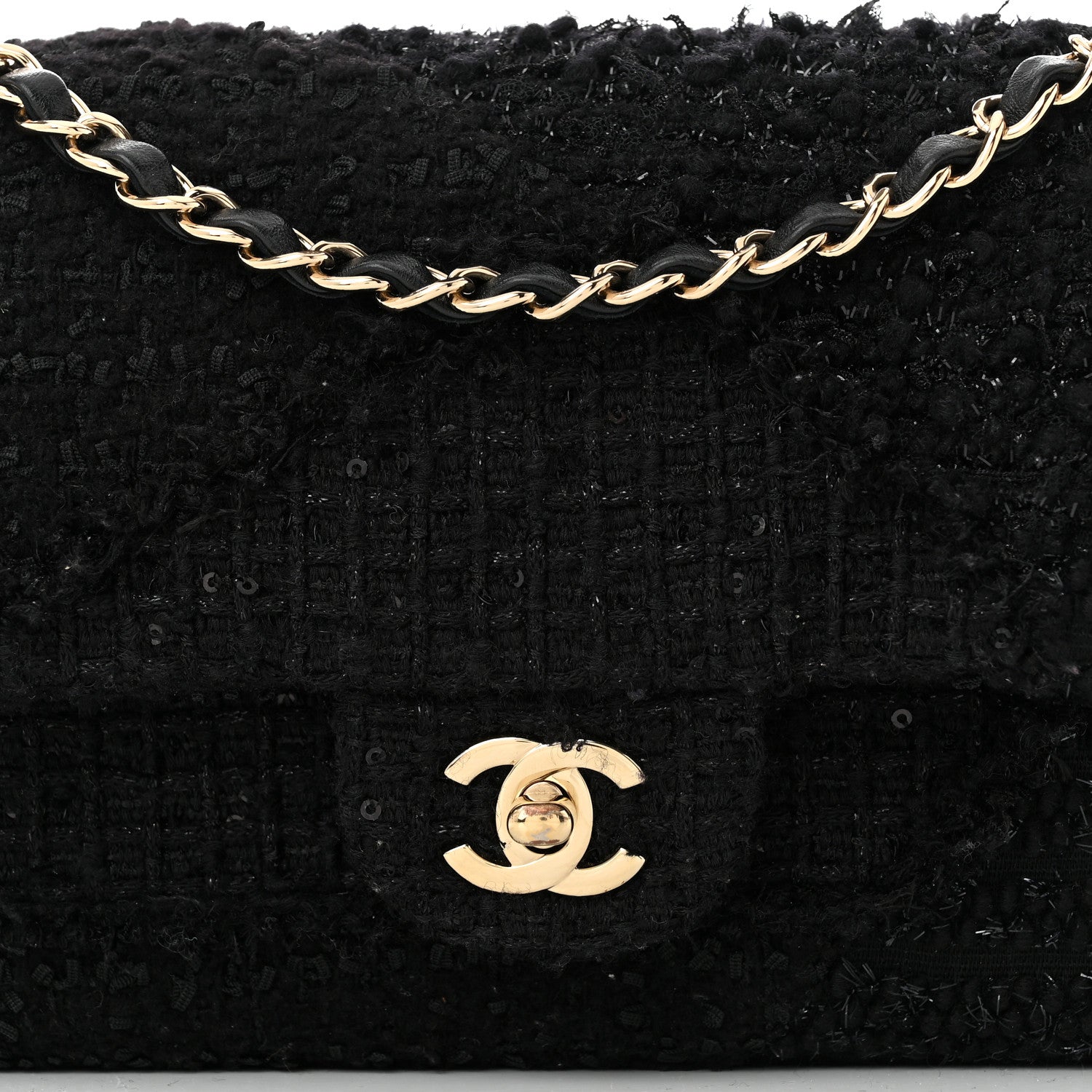 Tweed Sequin Patchwork Medium Double Flap Black