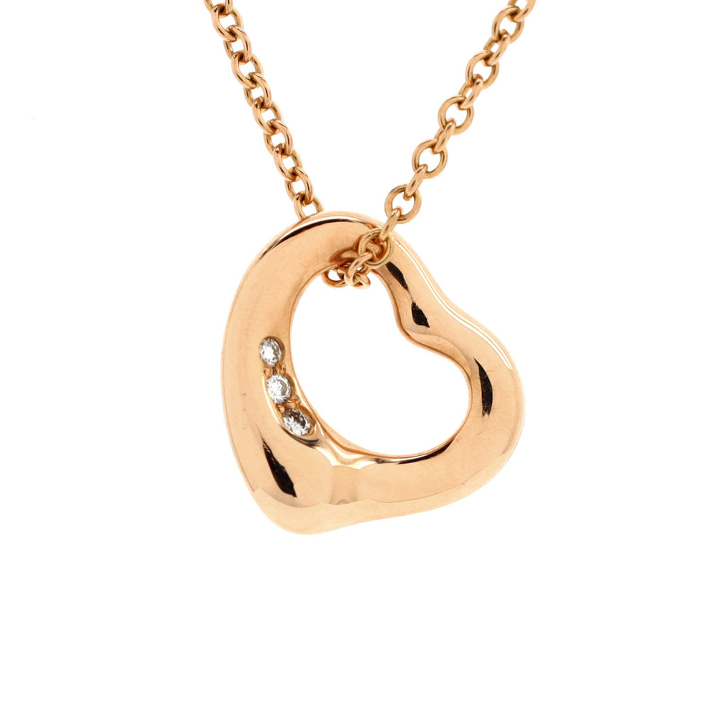 Elsa Peretti Open Heart 3 Diamonds Pendant Necklace 18K Rose Gold and Diamonds