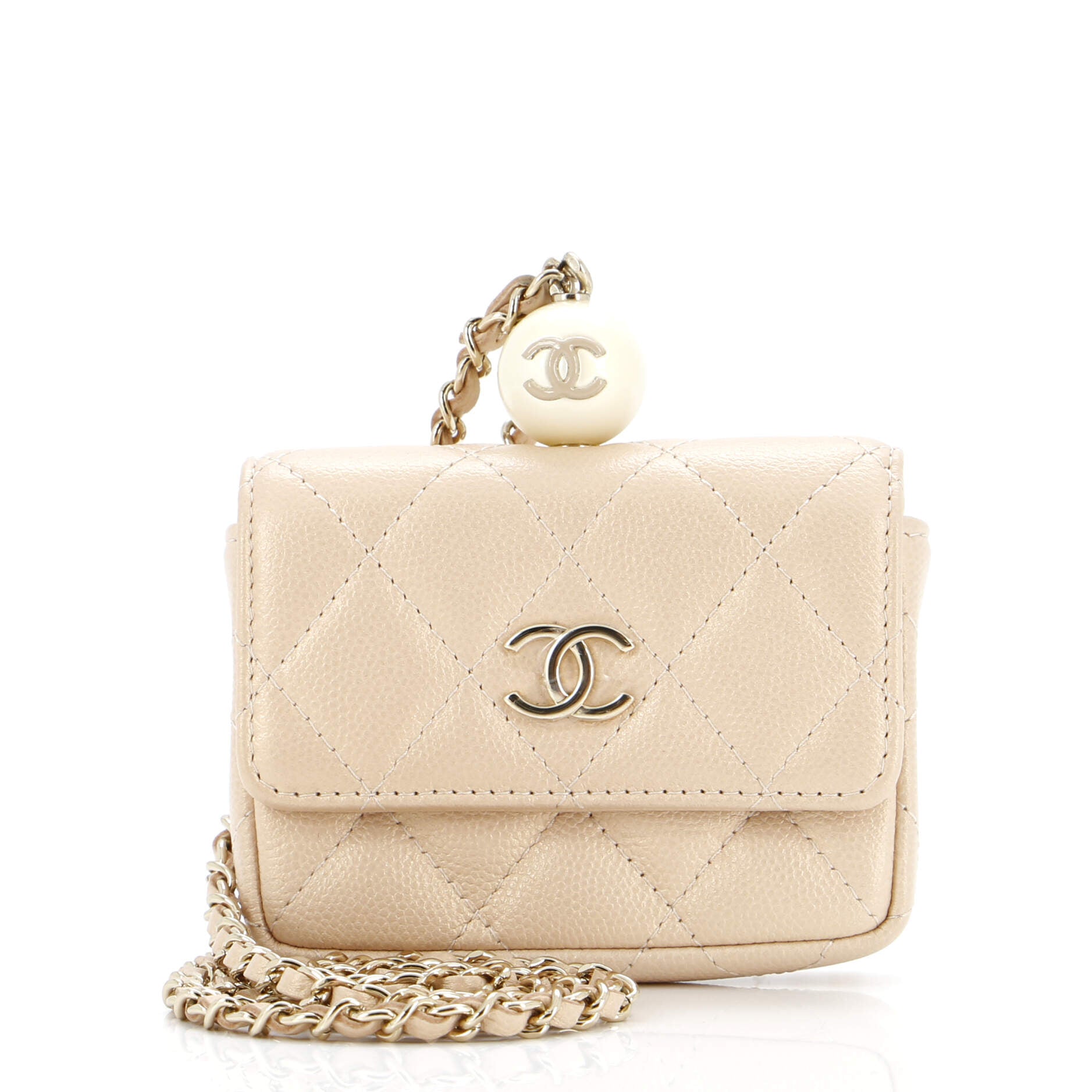 CC Pearl Coin Card Holder with Chain Quilted Caviar